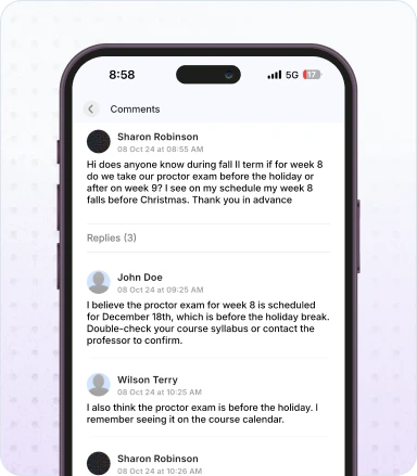 App screens showing features to connect and engage with the college community