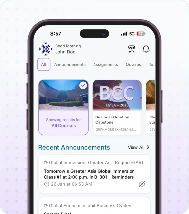 App screens showing all course updates organized in one place for students